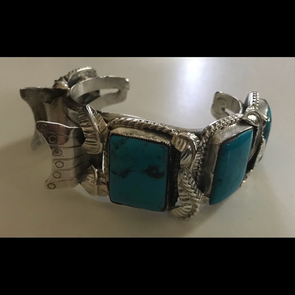 Sterling silver turquoise Navajo watch band signed very heavy awesome piece!